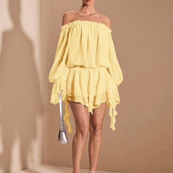 Yellow Boho Women's Elegant French Style Off Shoulder Long Sleeve Shirt Dress - Picture 4 of 9